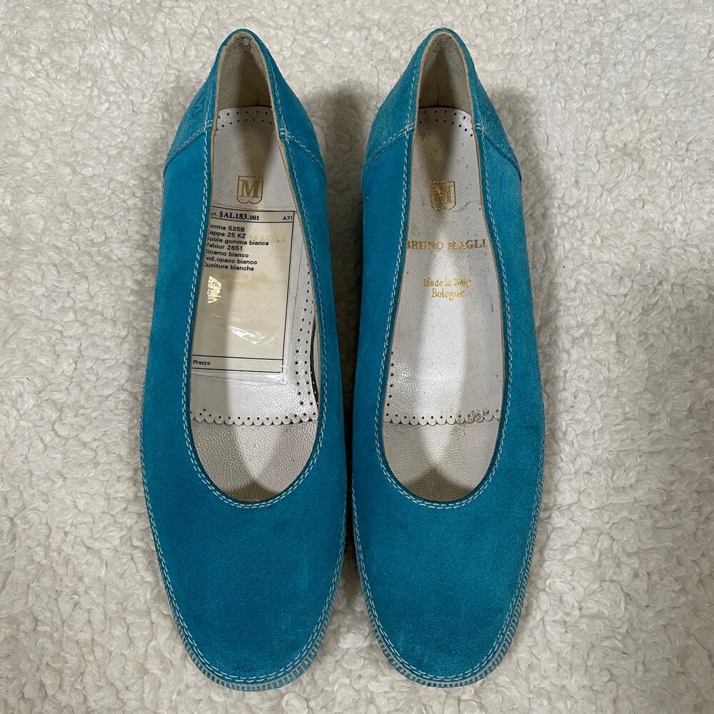 Bruno Magli Suede Skimmer Flats / Tiny Wedge Turquoise‎ Embroidered 6 N - Picture 2 of 10